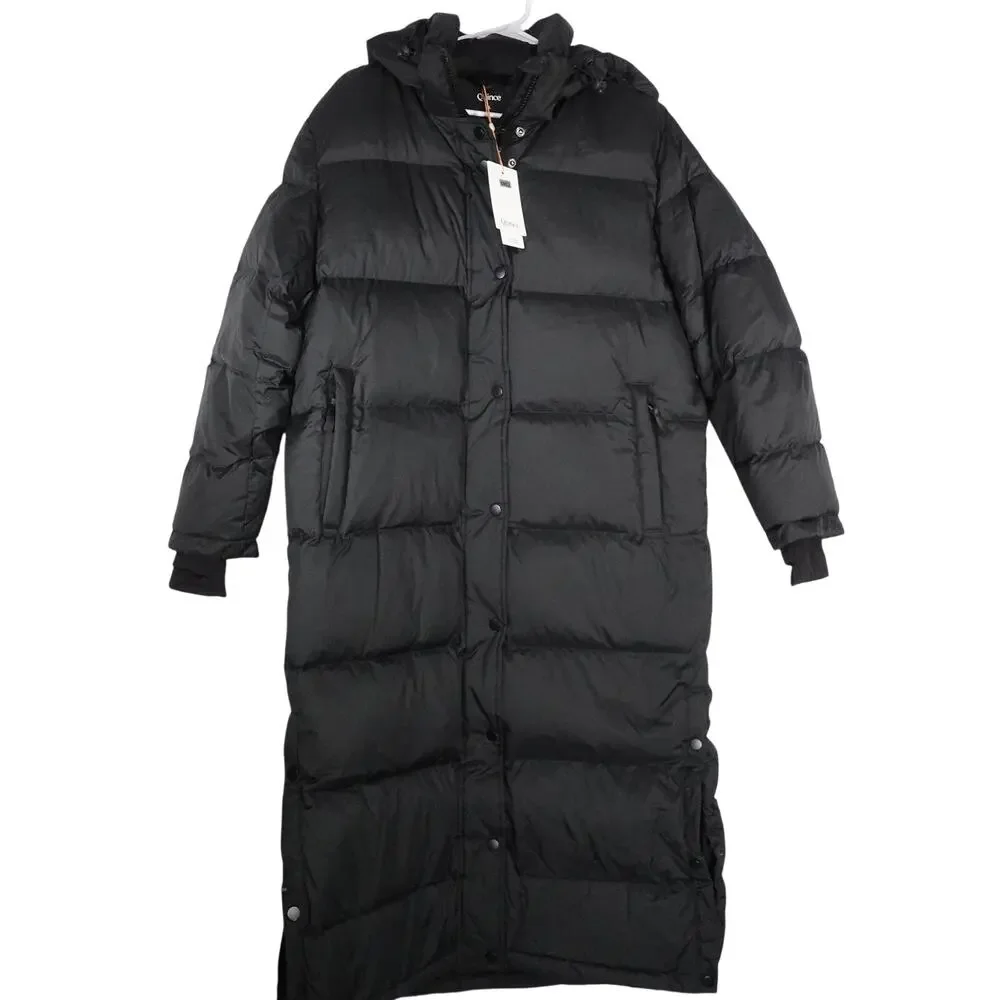 Quince Women's Large Responsible Down Long Puffer Jacket Hooded Black $200 Retro